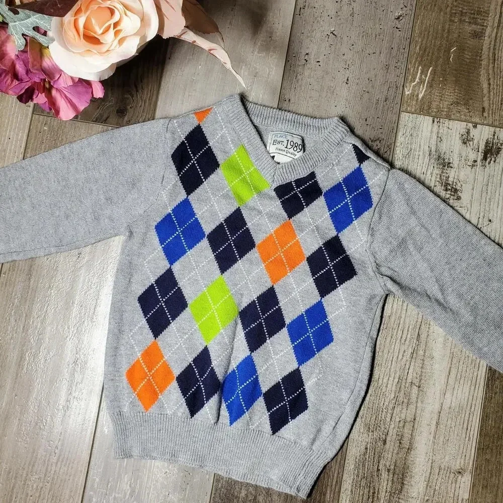 PLACE Est. 1989 V-Neck Toddler Boy Argyle Knit Sweater Gray Size 18-24M